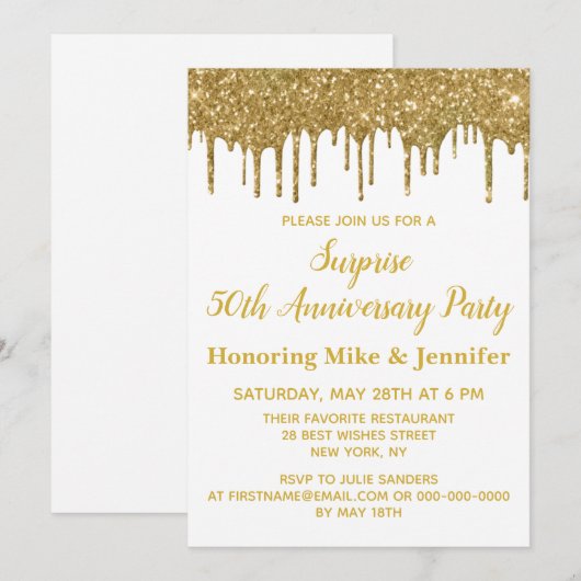50e Jubileum Surprise Party Wit Goud Glitter Kaart (Voorkant / Achterkant)
