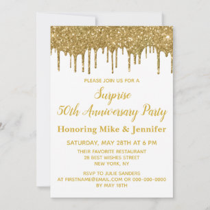 50e Jubileum Surprise Party Wit Goud Glitter Kaart