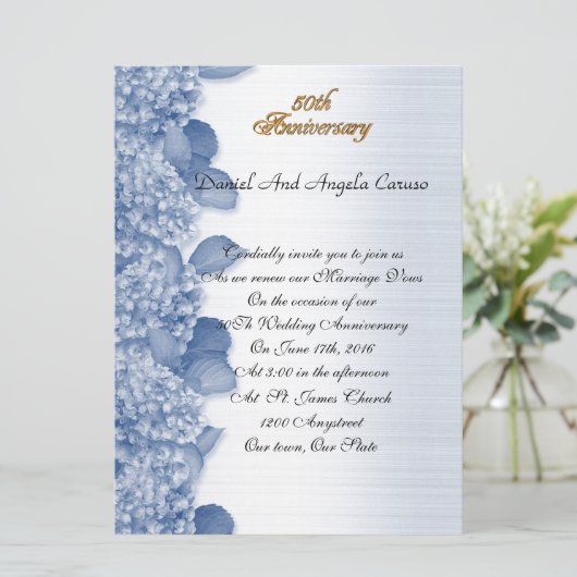 50e Jubileum uitnodiging Blue Hydrangea (Staand voorkant)
