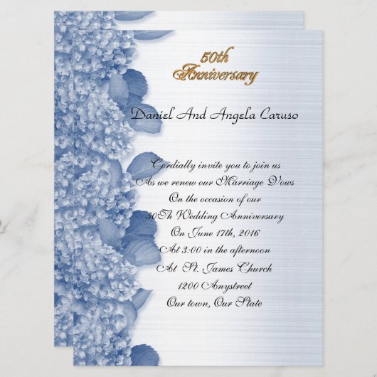 50e Jubileum uitnodiging Blue Hydrangea (Voorkant / Achterkant)