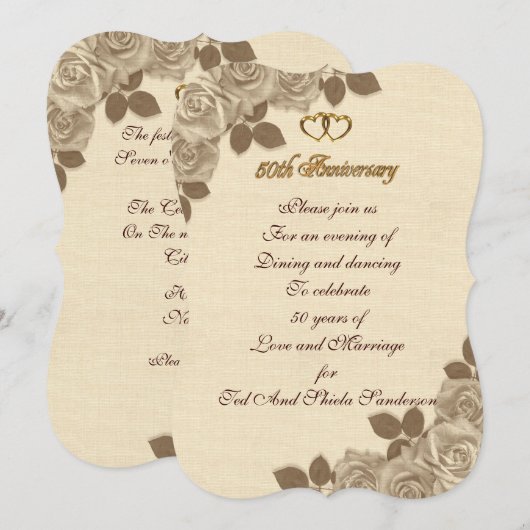 50e Jubileum uitnodiging geïllustreerd sepia roos (Voorkant / Achterkant)