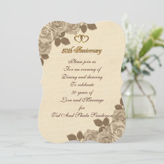 50e Jubileum uitnodiging geïllustreerd sepia roos (Staand voorkant)