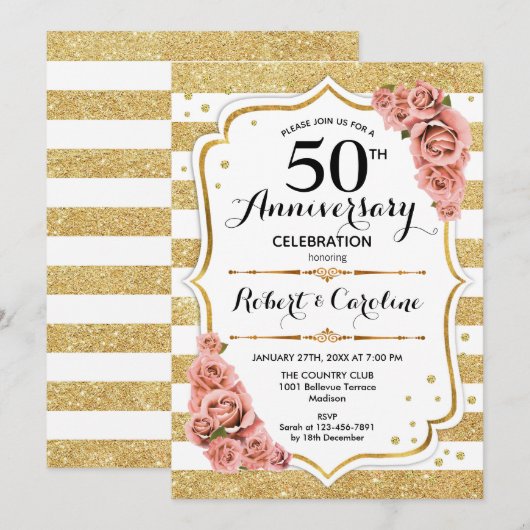 50e Jubileum Uitnodiging - Gold Pink Roses (Voorkant / Achterkant)