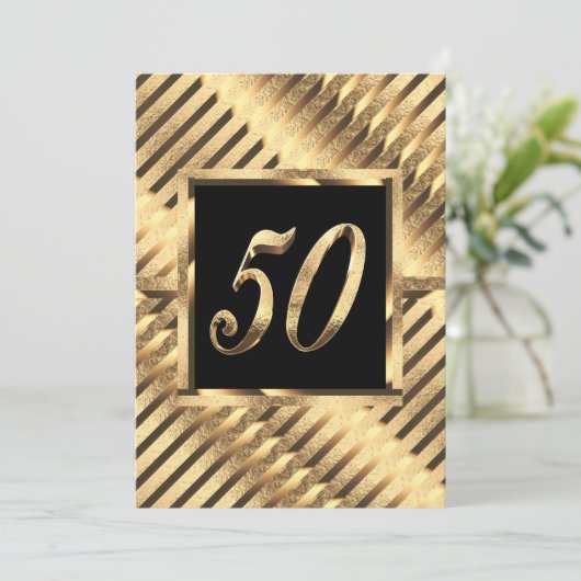 50e Jubileum Uitnodiging Modern Black en Gold (Staand voorkant)
