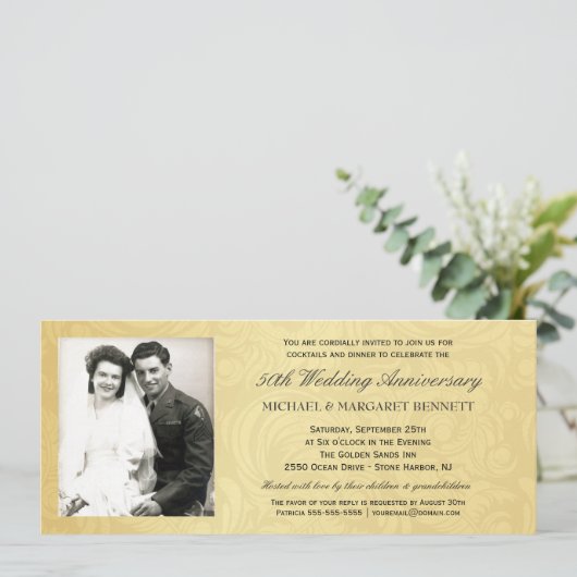 50e Jubileum Uitnodigingen -  Gold Damask (Staand voorkant)