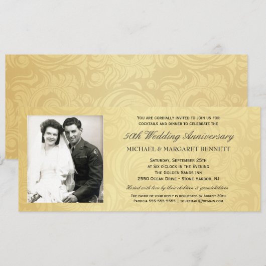 50e Jubileum Uitnodigingen - Gold Damask (Voorkant / Achterkant)