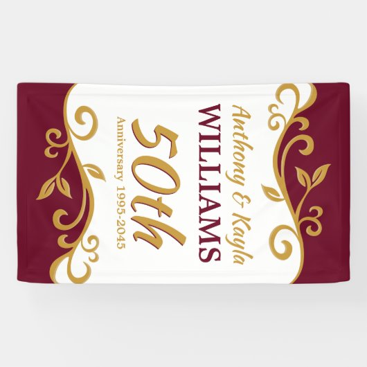50e Jubileum van het huwelijk Burgundy Gold Vlouri Spandoek (Horizontaal)