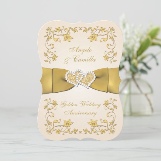 50e Jubileum verbonden met harten, Ecru, Gold Kaart (Staand voorkant)