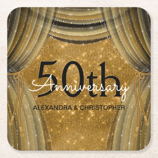 50e Jubileum voor bruiloft - Black en Gold Sparkle Kartonnen Onderzetters (Voorkant)