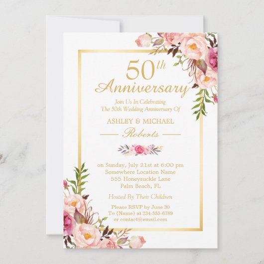 50e Jubileum voor bruiloft Elegant Chic Gold Flora Kaart (Voorkant)