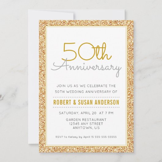 50e Jubileum voor bruiloft Faux Gold Glitter Kaart (Voorkant)