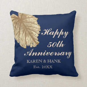 50e Jubileum voor bruiloft Faux Gold Leaf Blue Kussen