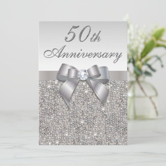 50e Jubileum voor bruiloft Faux Silver Sequins & B Kaart (Staand voorkant)