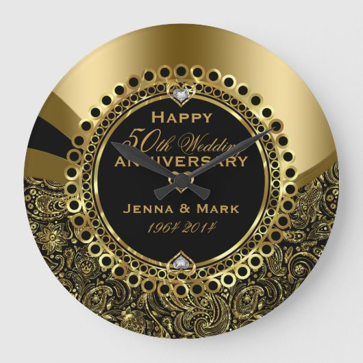 50e Jubileum voor bruiloft Floral Black & Gold Grote Klok (Voorkant)