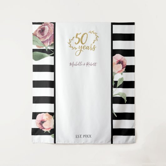 50e Jubileum voor bruiloft Floral Red Gold 50 Wandkleed (Voorkant)