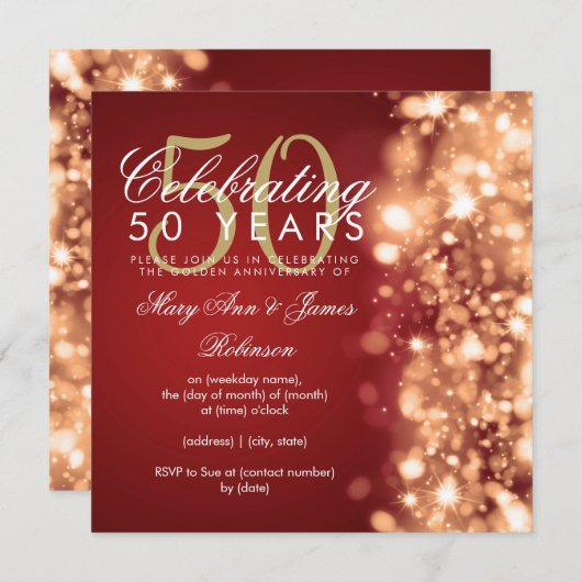 50e Jubileum voor bruiloft Glam Sparkles Gold & Re Kaart (Voorkant / Achterkant)