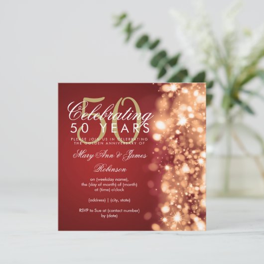 50e Jubileum voor bruiloft Glam Sparkles Gold & Re Kaart (Staand voorkant)