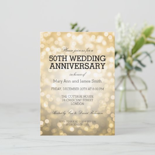 50e Jubileum voor bruiloft Gold Glitter Lights Kaart (Staand voorkant)