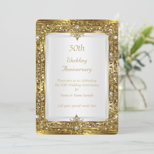 50e Jubileum voor bruiloft Gold Glitter White Pear Kaart (Staand voorkant)