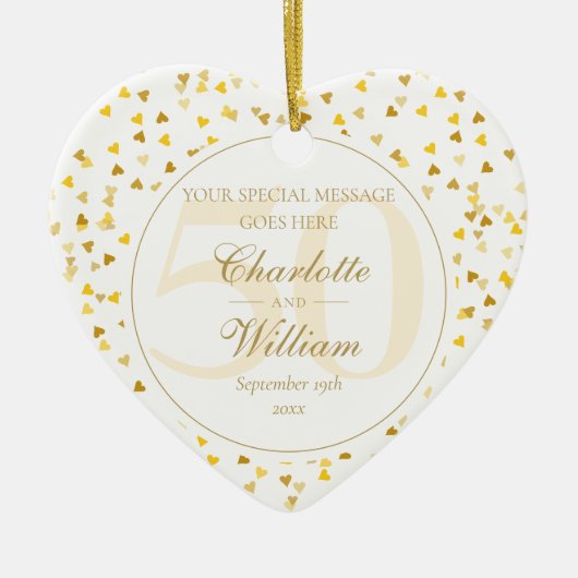 50e Jubileum voor bruiloft Gold Hearts Monogram Keramisch Ornament (Voorkant)