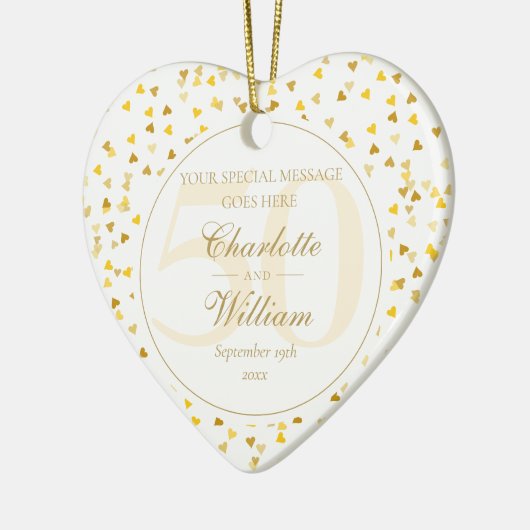 50e Jubileum voor bruiloft Gold Hearts Monogram Keramisch Ornament (Links)