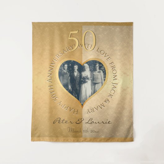 50e Jubileum voor bruiloft Golden Foto Heart Tapes Wandkleed (Voorkant)