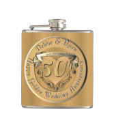 50e Jubileum voor bruiloft Hart Emblem Golden Heupfles (Voorkant)