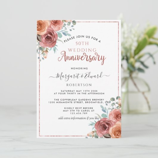 50e Jubileum voor bruiloft, Roos Gold, Mint Floral Kaart (Staand voorkant)