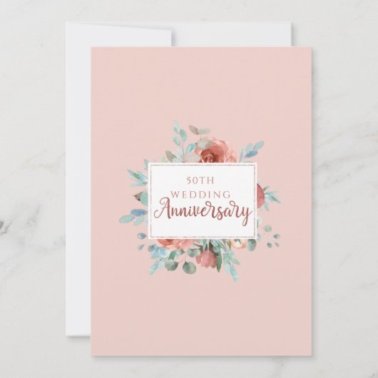 50e Jubileum voor bruiloft, Roos Gold, Mint Floral Kaart (Achterkant)