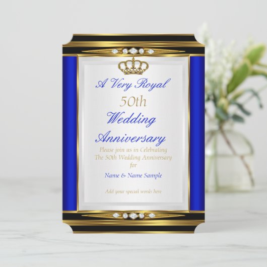 50e Jubileum voor bruiloft - Royal Blue Gold Crown Kaart (Staand voorkant)