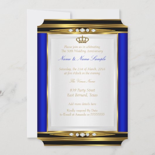 50e Jubileum voor bruiloft - Royal Blue Gold Crown Kaart (Achterkant)