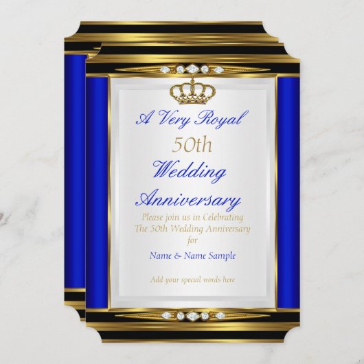 50e Jubileum voor bruiloft - Royal Blue Gold Crown Kaart (Voorkant / Achterkant)