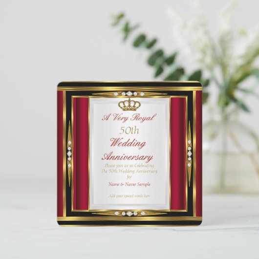 50e Jubileum voor bruiloft - Royal Red Gold Crown Kaart (Staand voorkant)