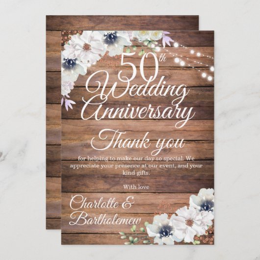 50e Jubileum voor bruiloft Rustic Floral Bedankkaart (Voorkant / Achterkant)