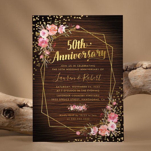 50e Jubileum voor bruiloft Rustic Gold Pink Floral Kaart