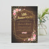 50e Jubileum voor bruiloft Rustic Gold Pink Floral Kaart (Staand voorkant)