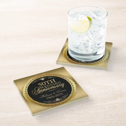 50e Jubileum voor bruiloft - zwart & goud Glazen Onderzetter (Schuin)