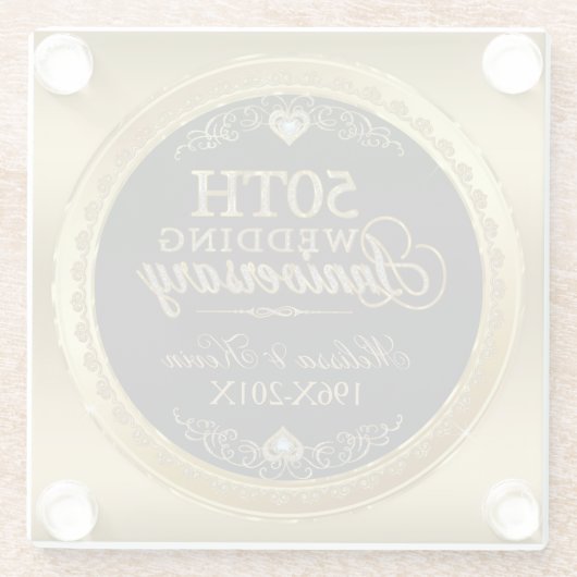 50e Jubileum voor bruiloft - zwart & goud Glazen Onderzetter (Achterkant)