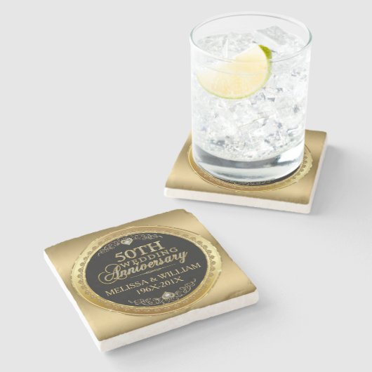 50e Jubileum voor bruiloft - zwart & goud Stenen Onderzetter (Zijkant)