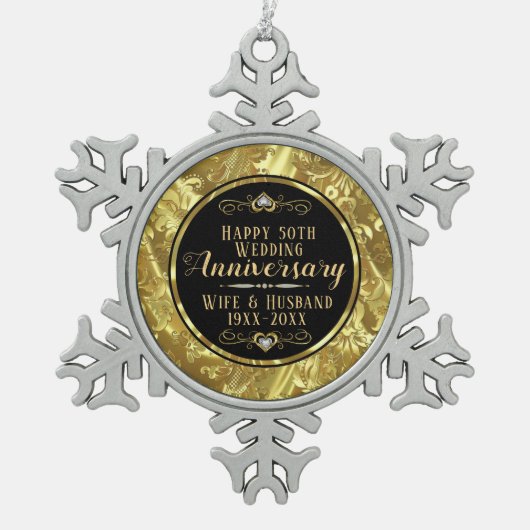 50e Jubileum voor bruiloft - zwart & goud Tin Sneeuwvlok Ornament (Voorkant)