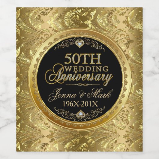 50e Jubileum voor bruiloft - zwart & goudDamascus  Wijn Etiket (Enkel label)