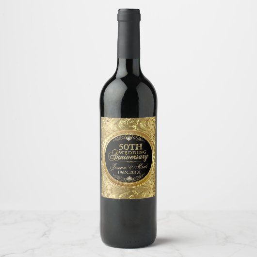 50e Jubileum voor bruiloft - zwart & goudDamascus  Wijn Etiket (Voorkant)