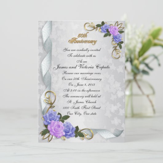 50e Jubileum vow vernieuwing blue & lavender rozen Kaart (Staand voorkant)