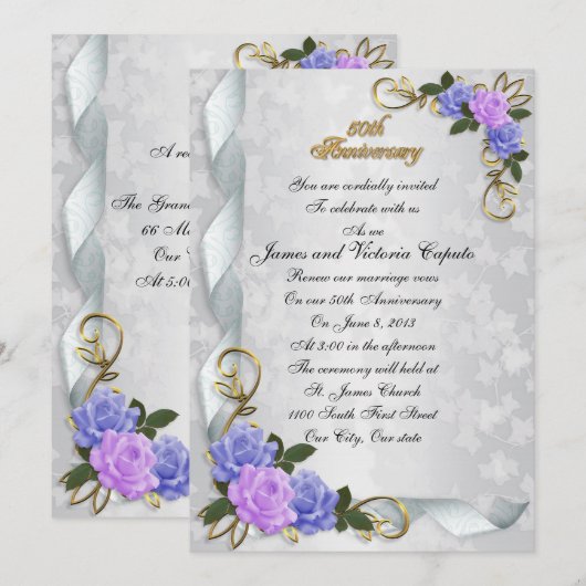 50e Jubileum vow vernieuwing blue & lavender rozen Kaart (Voorkant / Achterkant)