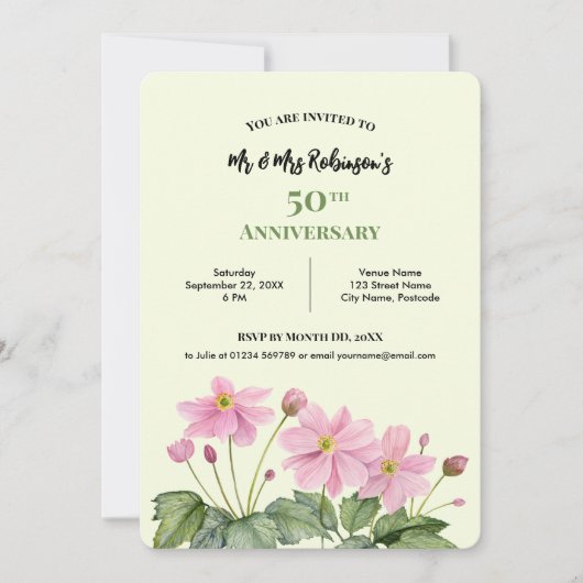 50e Jubileum Waterverf Roze Japans Anemoon Kaart (Voorkant)