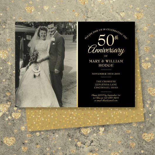 50e Jubileum Wedding Photo Black and Gold Folie Uitnodiging