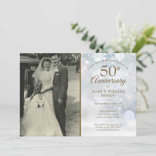 50e Jubileum Winter Snowflakes Wedding Foto Kaart (Staand voorkant)