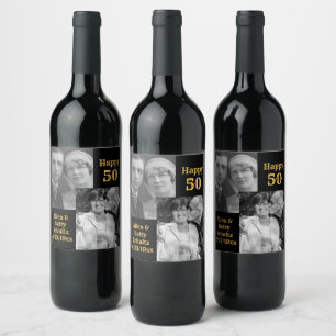 50e Jubileum, zwart en goud, persoonlijke foto Wijn Etiket