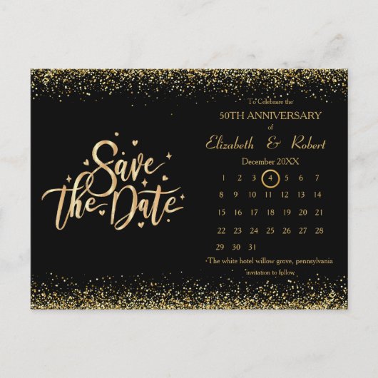 50e Jubileum Zwart & Glitter De Datumkalender Aankondigingskaart (Voorkant)