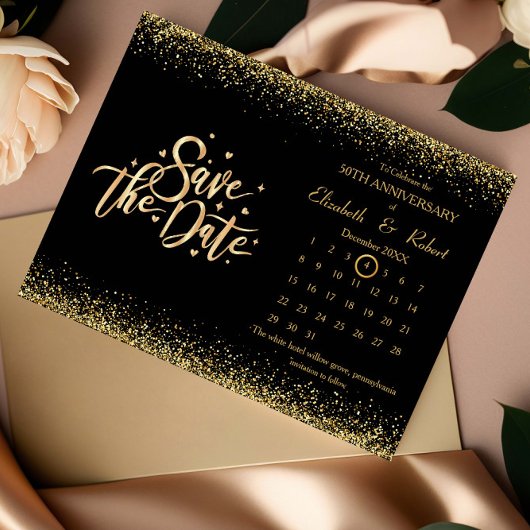 50e Jubileum Zwart & Glitter De Datumkalender Aankondigingskaart